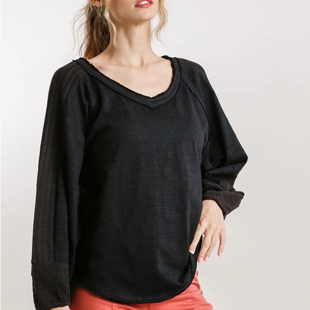 Umgee USA Black V-Neck Contrast Knit Puff Long Sleeve Women's Top Size XL